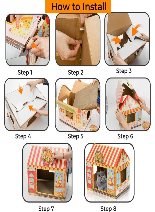 Tlence 2 Pack Cardboard Cat Houses with Scratcher, 16.5''x12.25''x15'' Cat Hideaway Playhouse, Kitty Scratching Beds for Indoor Cats, Pizza Shop Cat Furniture Condo Cave Tent for Bunny Small Animals - Image 5